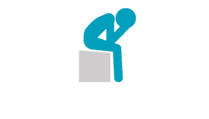 Teal stick figure sitting on a box feeling lonely with hands holding his face.